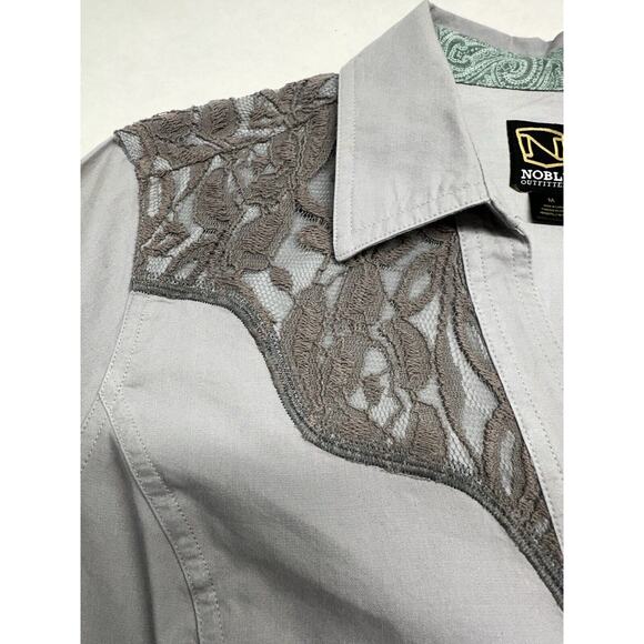 Noble Outfitters Shirt Womens Medium Long Sleeve Button Up Gray Bluegrass Lace - Picture 3 of 10